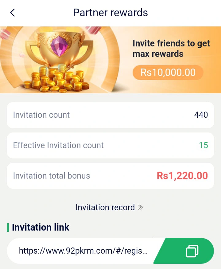 92 PKR Game Partner Rewards and Invitation Bonus Details